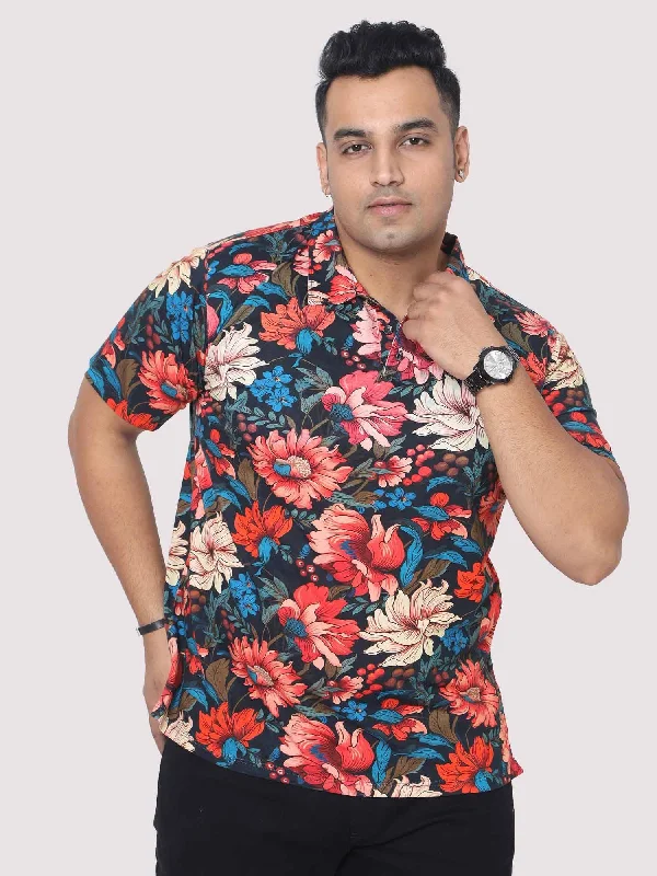 Pay Less Men Plus Size Red Floral Digital Printed Polo Collar T-shirt