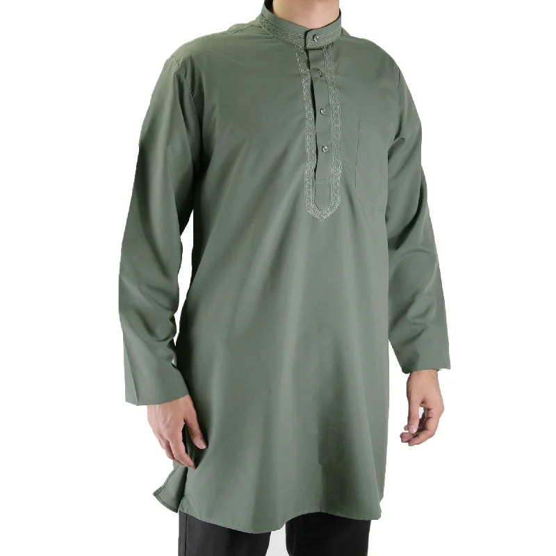 Weekend Deals That Impress Hijaz Men's Embroidered Warm Gray Wrinkle Free Cotton Throbe Short Tunic