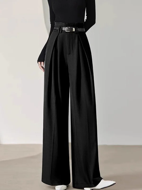 Mega Discount Solid Belted Pleated Trendy Wide Leg Pants