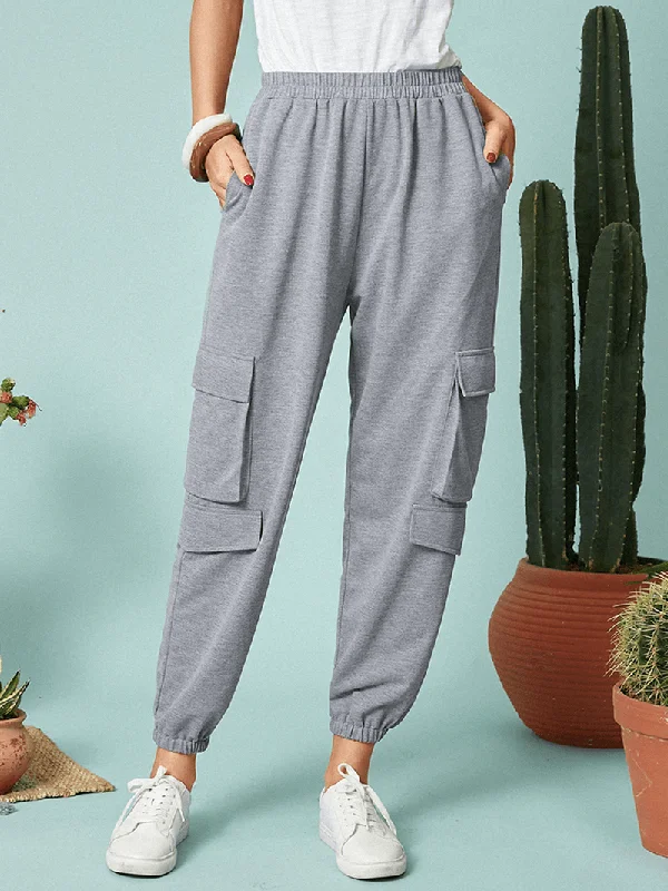 Best Seller Women Solid Color Elastic Waist Pocket Casual Cargo Pants
