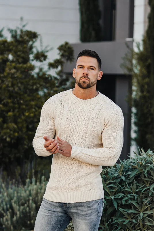 Weekend Bargains to Love Father Sons Oatmeal Knitted Cable Saddle Crew Super Slim Jumper With Metal Decal - FSN076