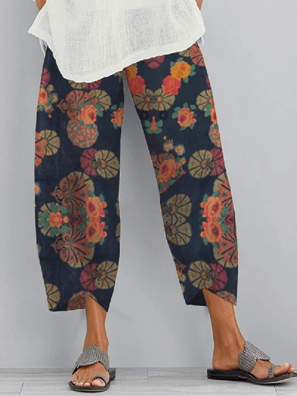 Weekend Offers That Delight Ethnic Floral Print Elastic Side Pocket Irregular Casual Pants for Women