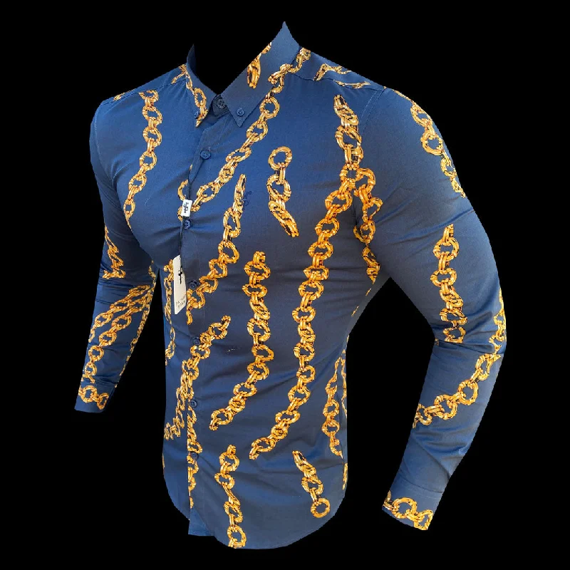 Fantastic Offers Father Sons Super Slim Stretch Airforce Blue / Gold Chain Print Long Sleeve with Button Down Collar - FS859