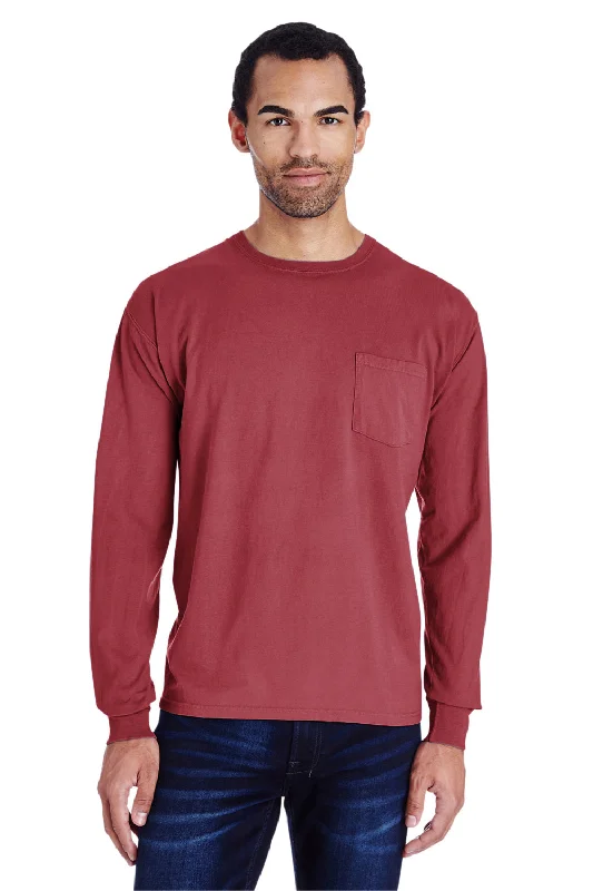 Online Exclusive ComfortWash By Hanes Mens Long Sleeve Crewneck T-Shirt w/ Pocket - Cayenne Red