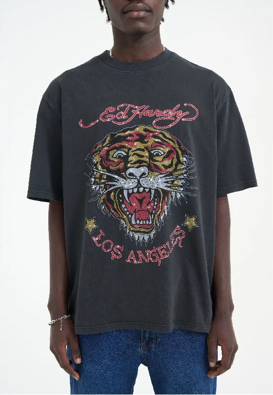 Weekend Deals to Make You Smile Mens La Tiger Vintage Diamante Tshirt - Black