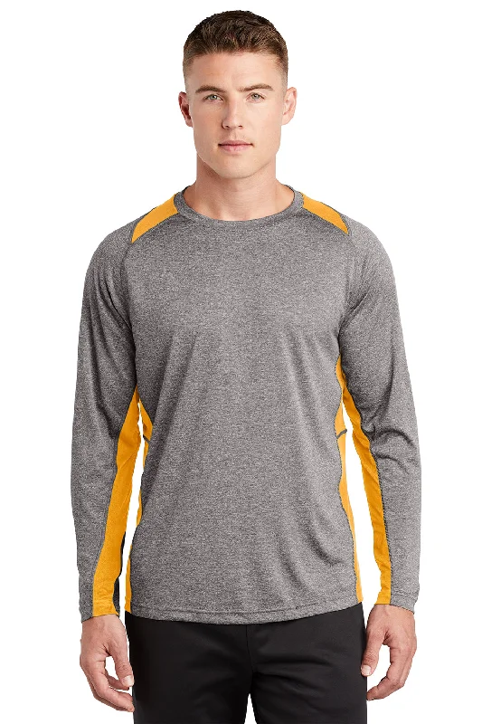 Clearance Items Sport-Tek Mens Contender Heather Moisture Wicking Long Sleeve Crewneck T-Shirt - Heather Vintage Grey/Gold