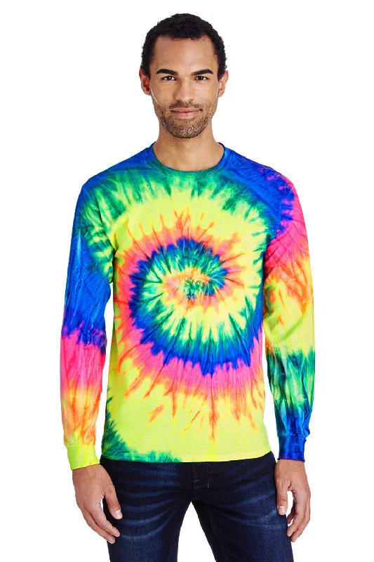 Weekend Bargains Just for You Tie-Dye Mens Long Sleeve Crewneck T-Shirt - Neon Rainbow